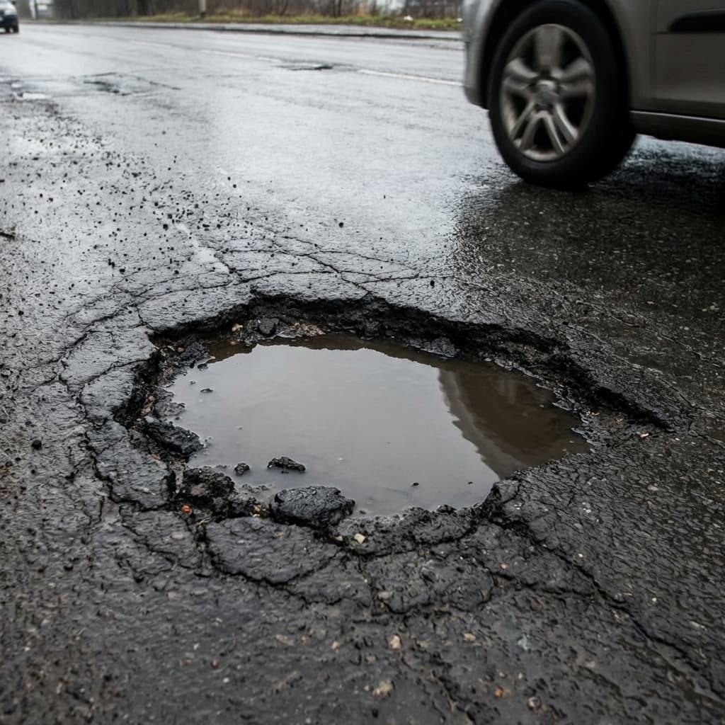 Wet road pothole